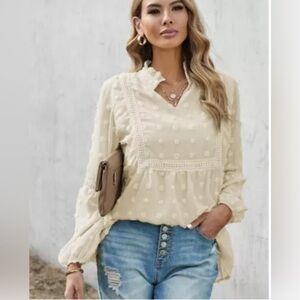 Like New Elegant Cream Swiss Dot Blouse with Lace Detailing